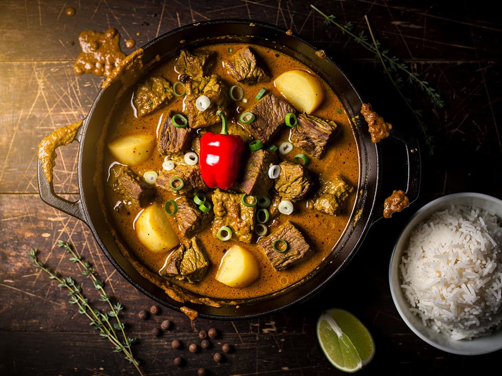 caribische geitencurry met aardappel en scotch bonnet