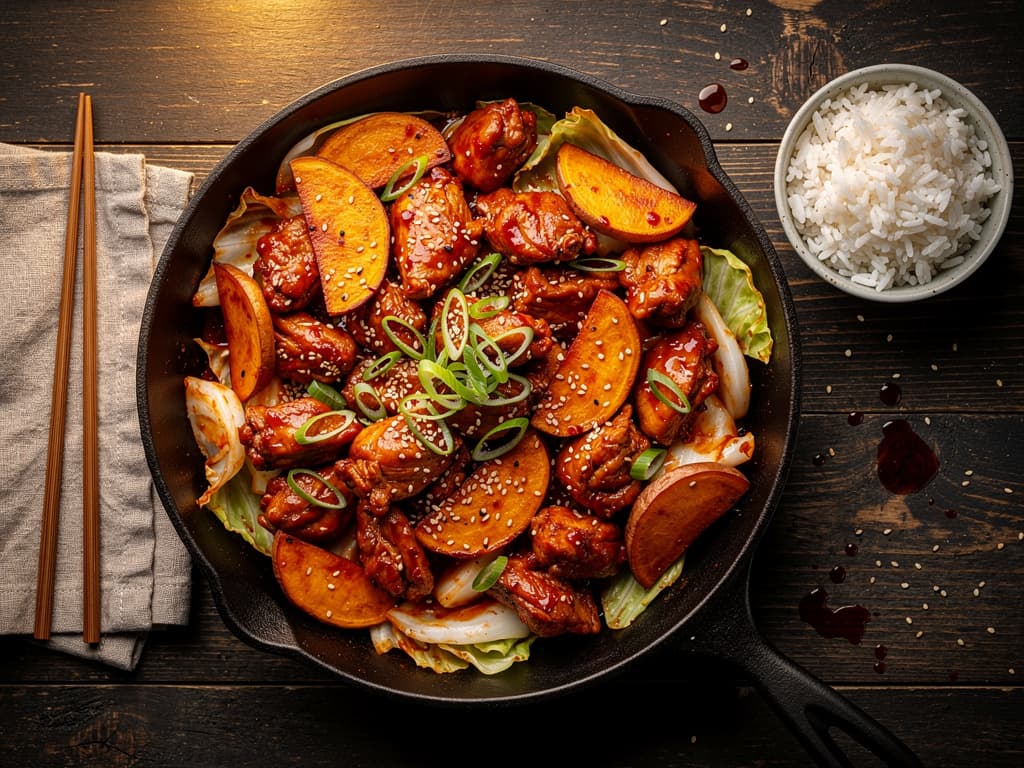 dakgalbi pittige koreaanse kip uit de pan