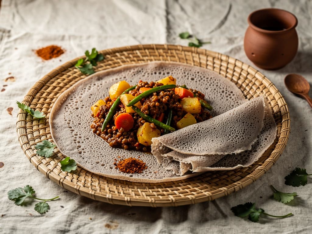 Eritrese injera met berbere linzen en groenten