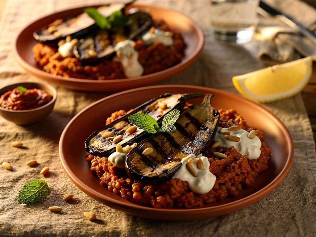 Gegrilde aubergine met harissa linzen en yoghurt