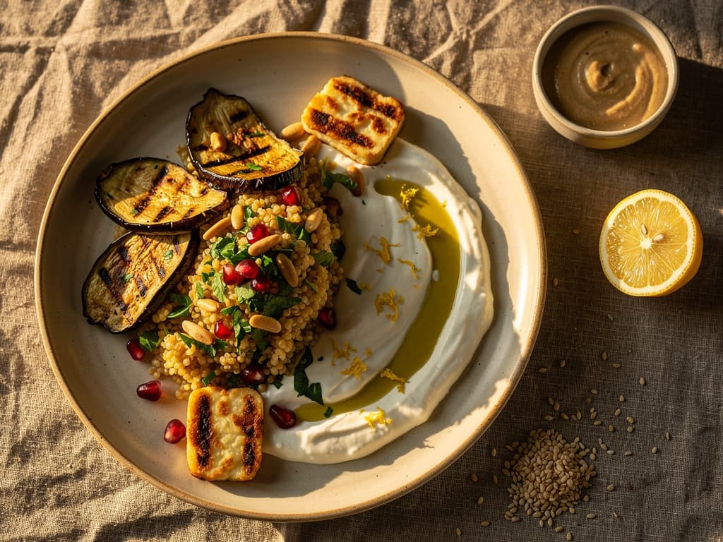 Gegrilde aubergine met tahini en bulgur