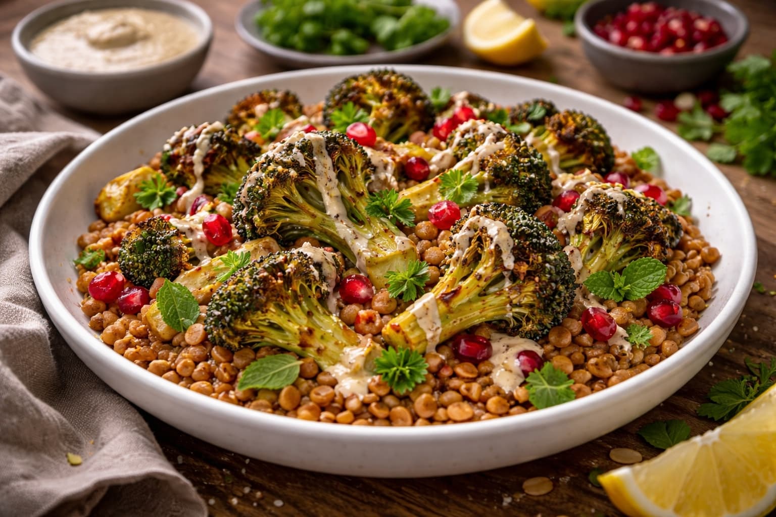 Harissa geroosterde broccoli met linzen