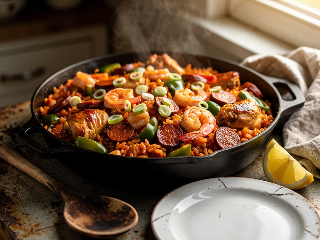 jambalaya met kip worst en garnalen