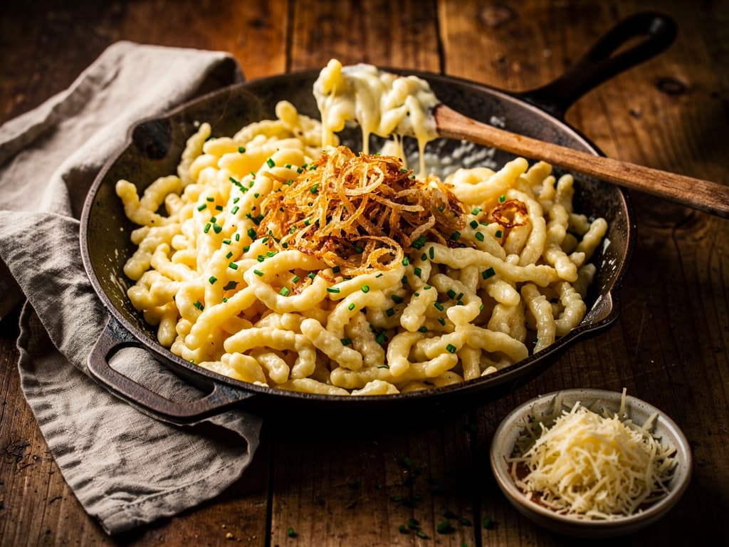 kasspatzle met bergkaas en gebakken ui