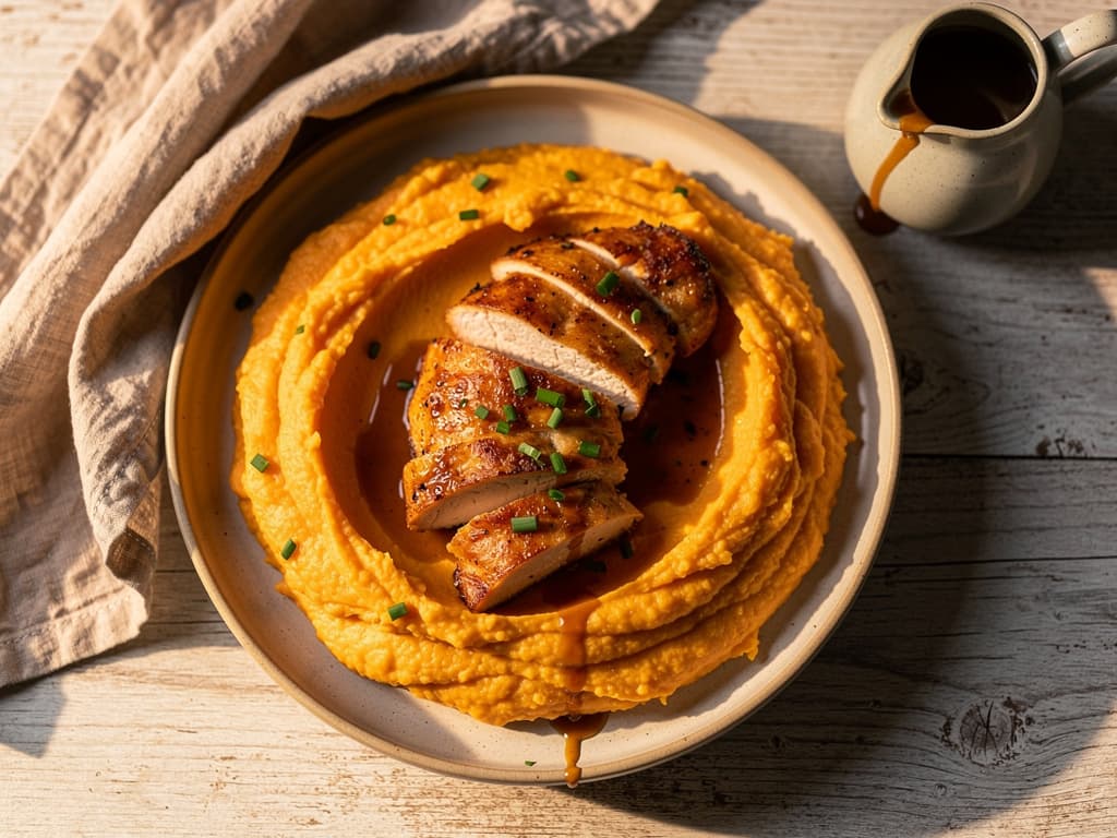 Kip met wortel-gemberpuree en jus