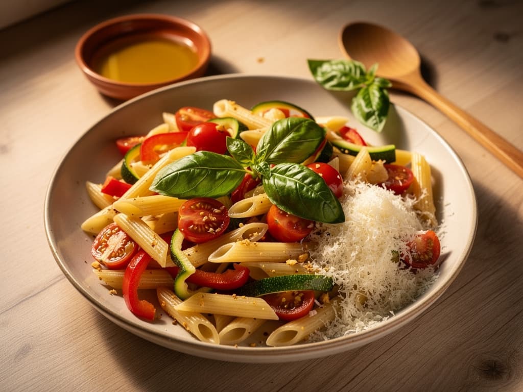 kleurrijke groentenpasta met knoflook olijfolie