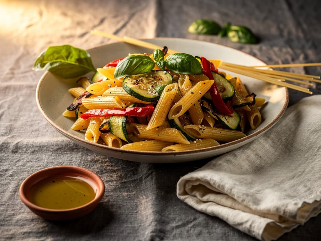 kleurrijke pasta met seizoensgroenten