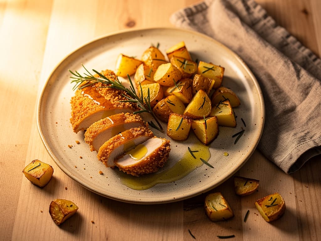 Krokante kip met rozemarijn aardappels