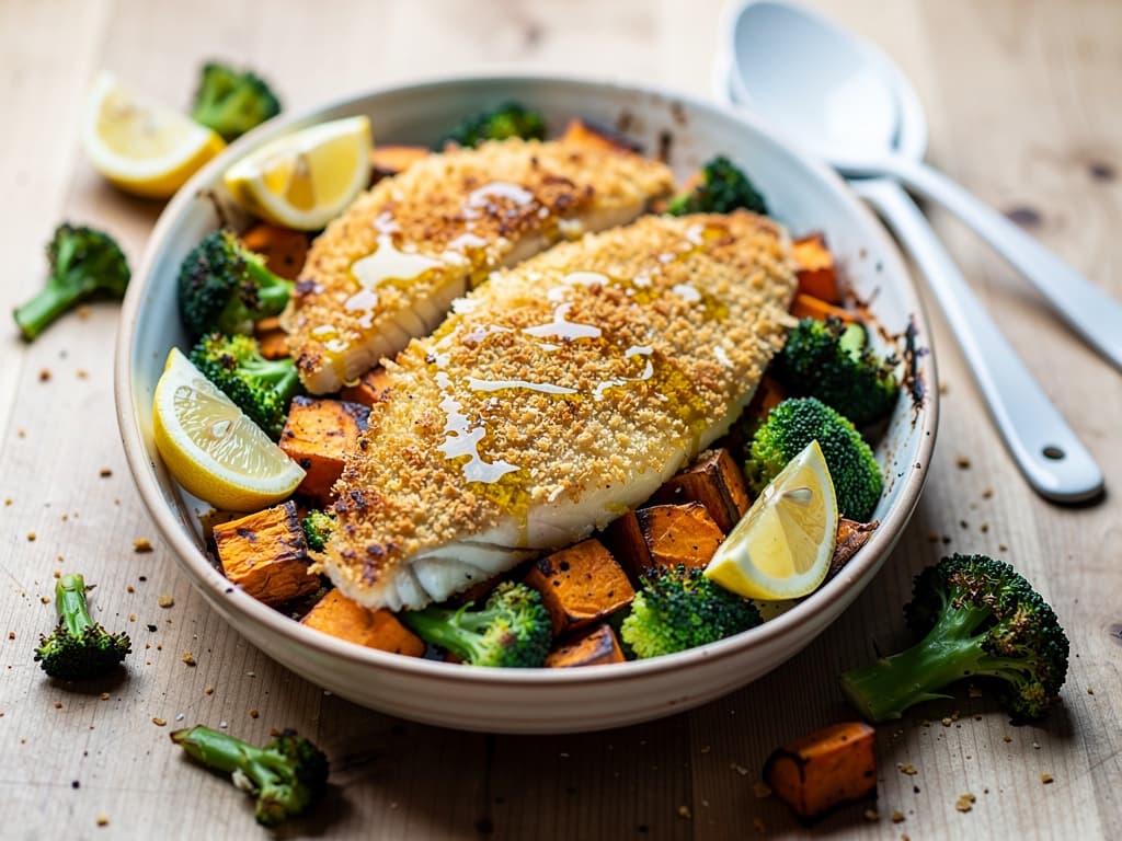 Krokante pangasius met zoete aardappel en broccoli