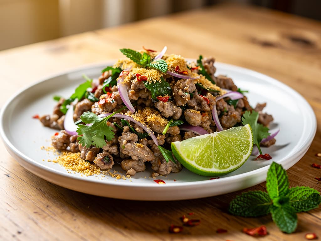 larb moo pittige thaise varkensgehaktsalade