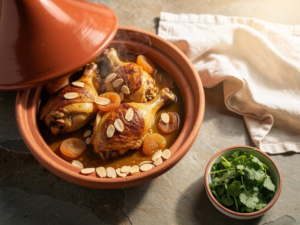 marokkaanse kip tagine met abrikozen en amandelen