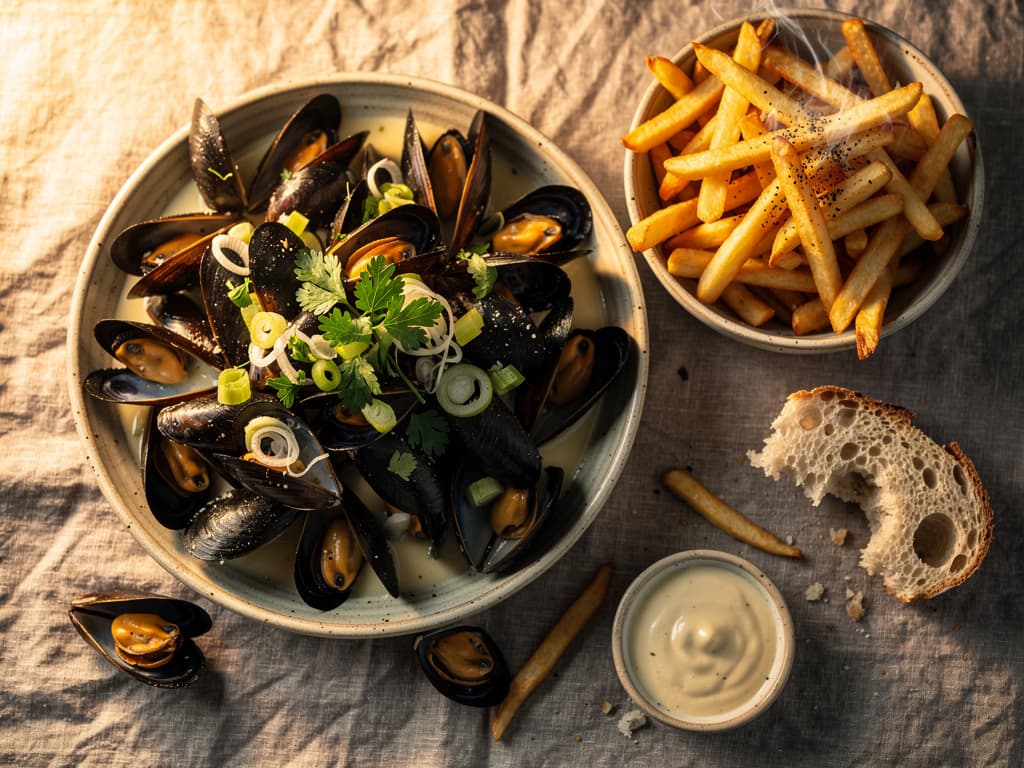 Mosselen in witte wijnsaus met friet