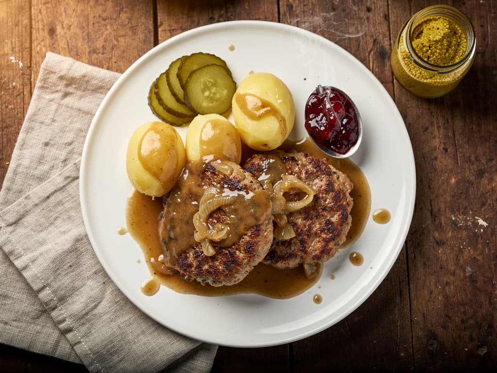 pannbiff met uiensaus en aardappel