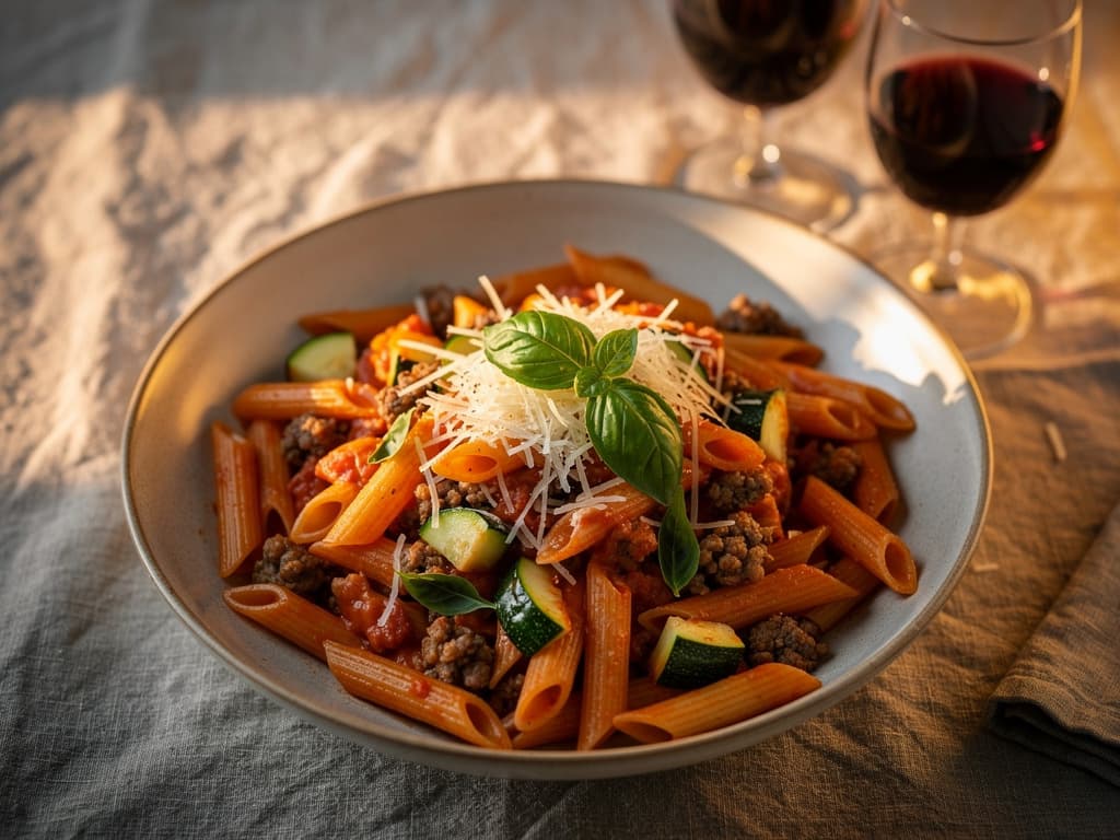 Penne met worst en pittige tomatensaus