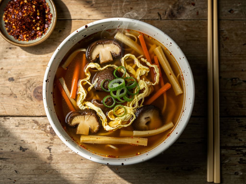 pittige zure soep met tofu en shiitake