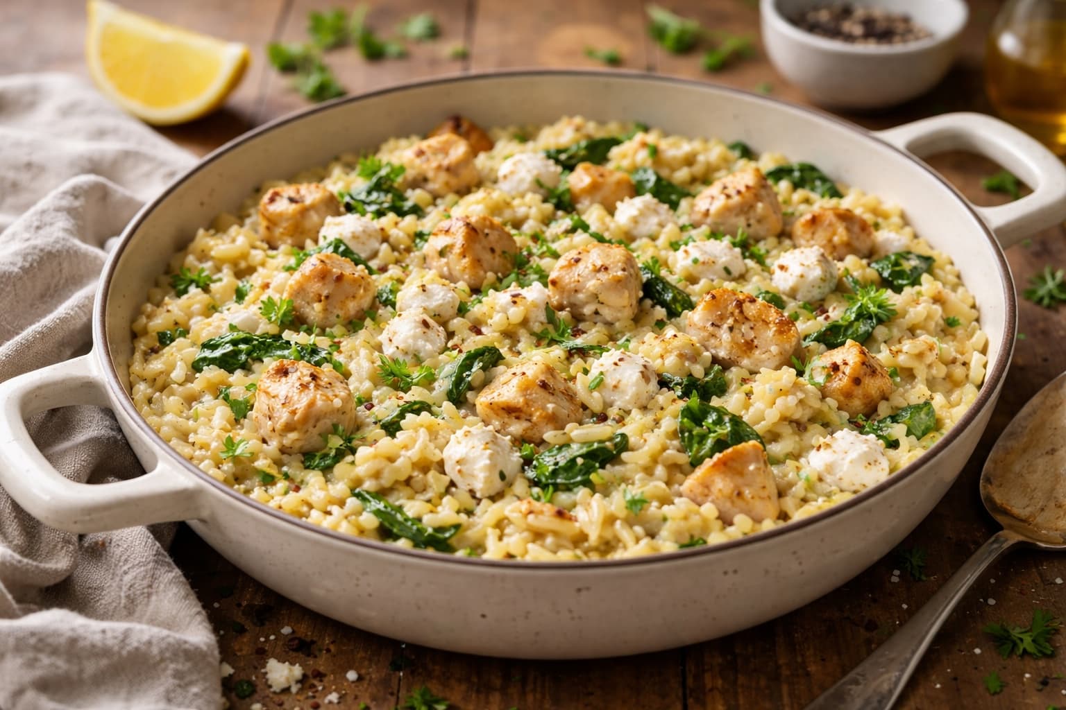 Romige orzo met kip en geitenkaas