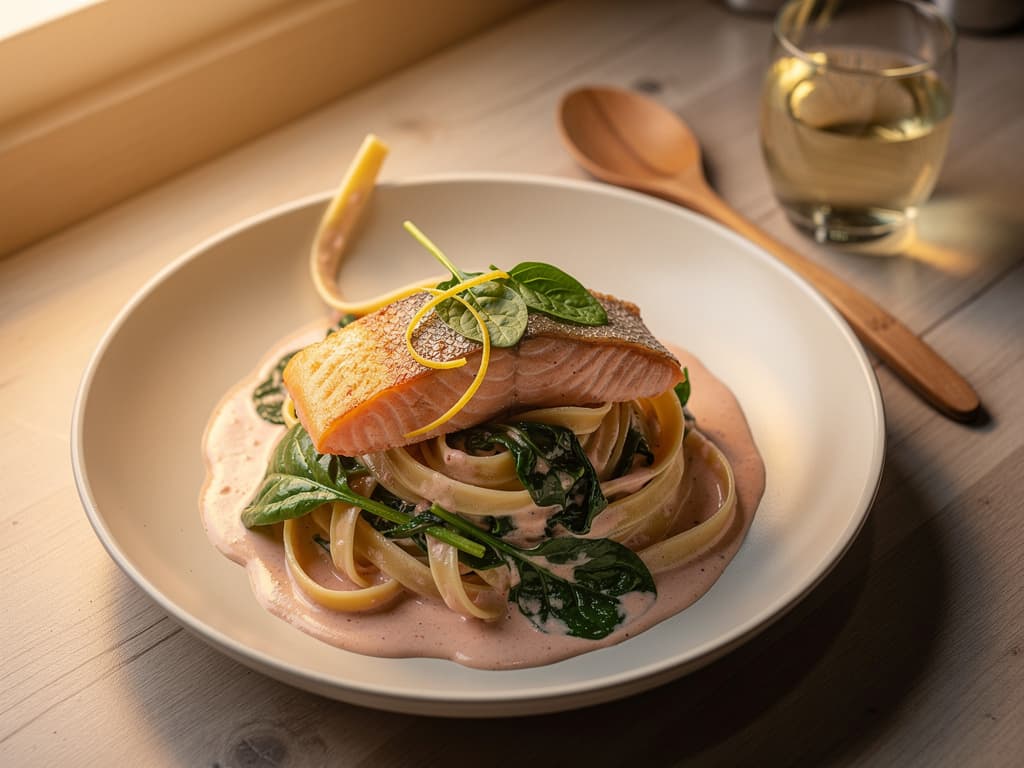 romige zalm pasta met spinazie