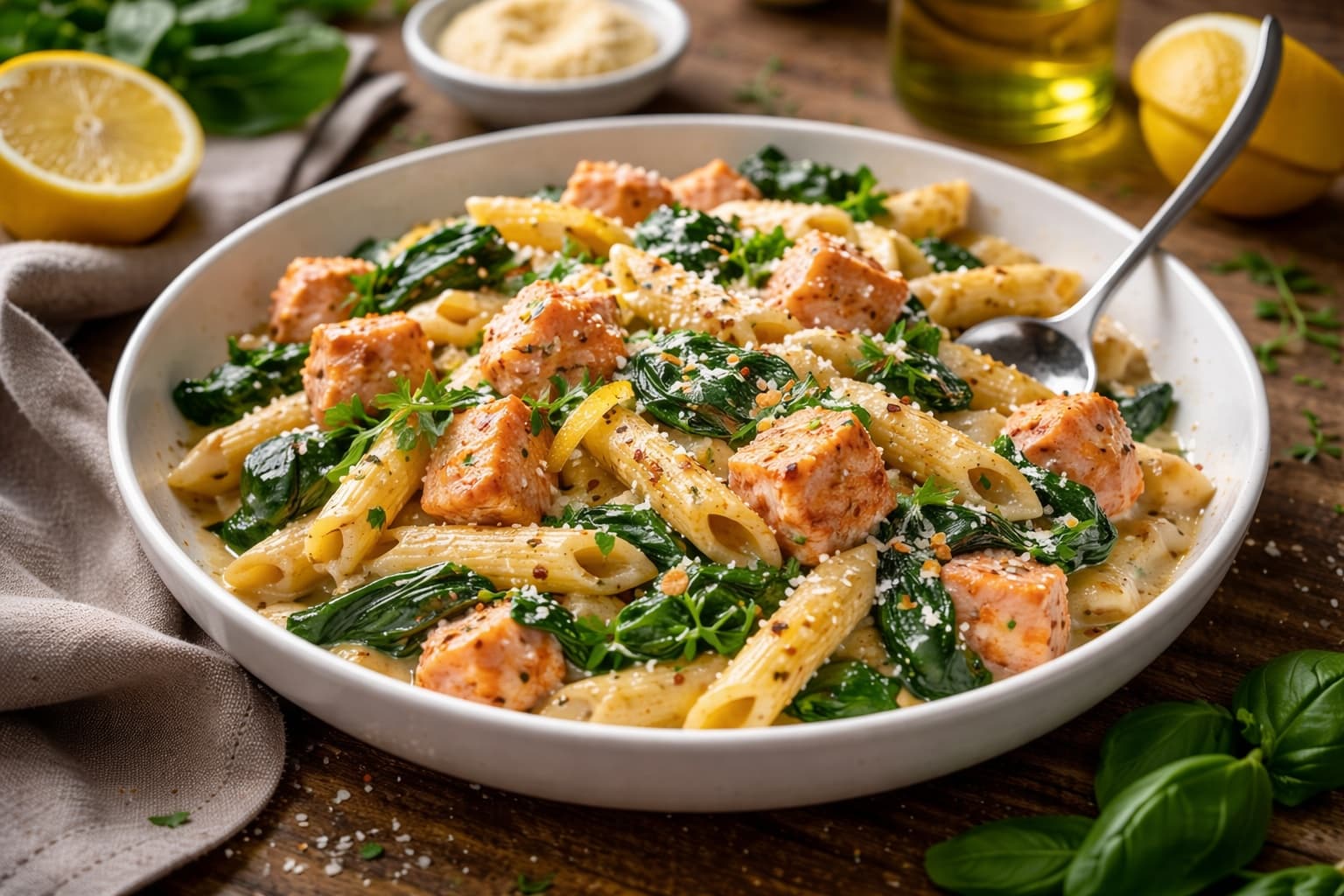 Romige zalm pasta met spinazie