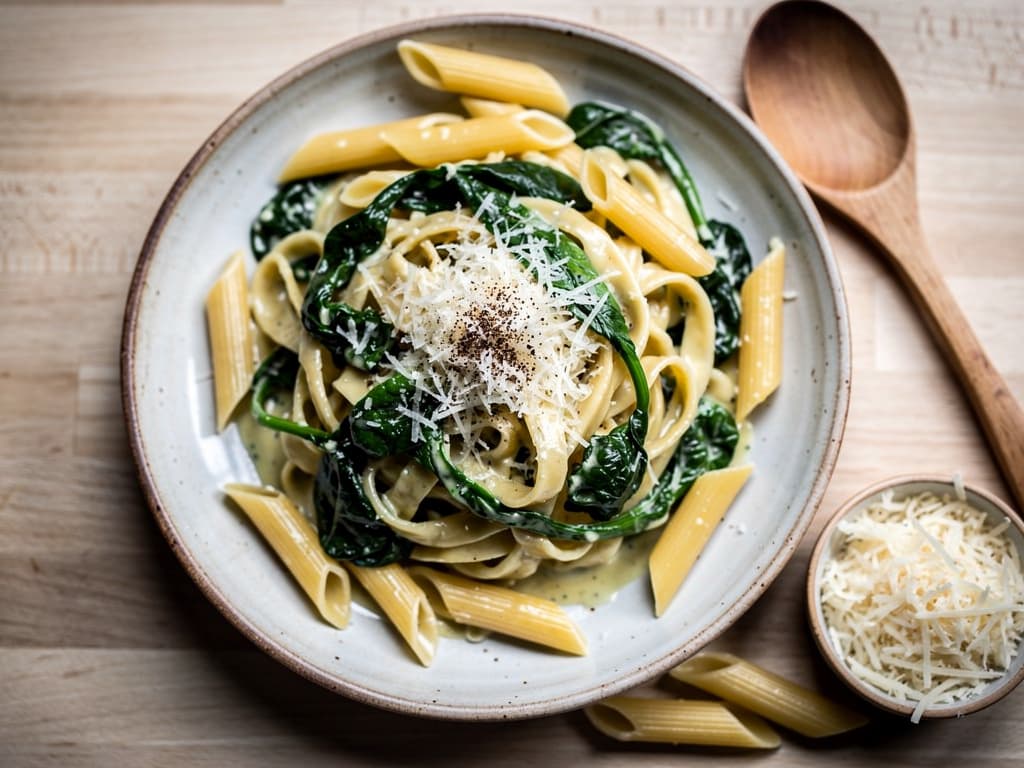 snelle pasta met ei en spinazie