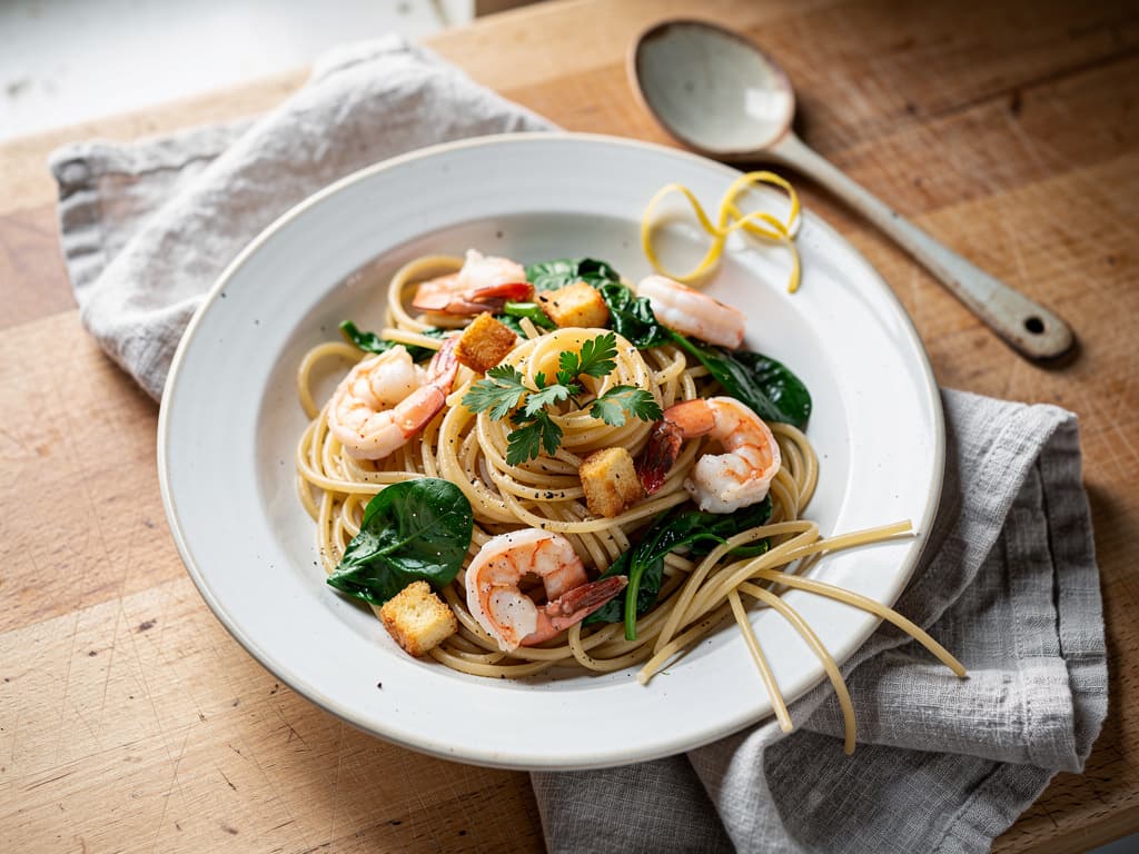 spinazie garnalen pasta met aardappelcroutons