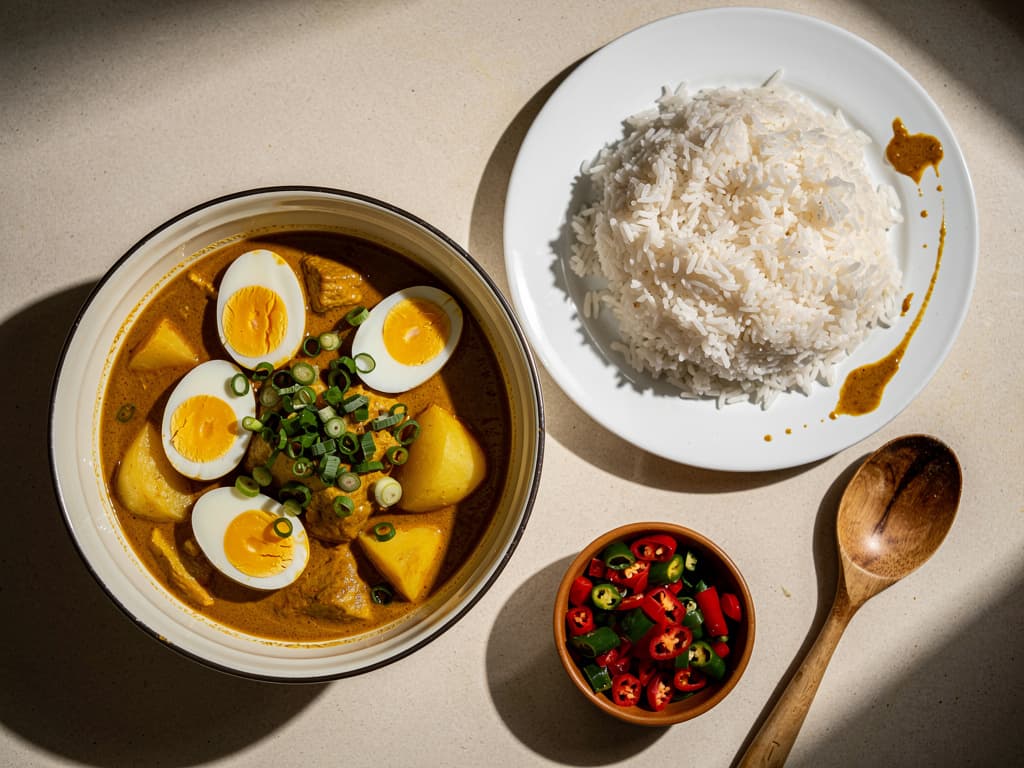 surinaamse kerrie ei met aardappel en rijst
