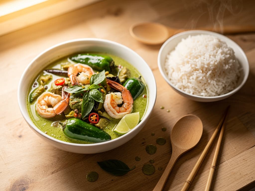 thaise groene curry met garnalen en groenten