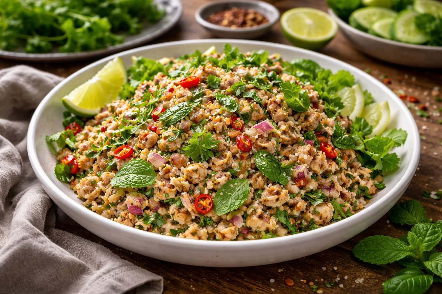 Thaise kip larb met kruiden en limoen